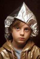 AI generated suspicious caucasian kid in foil hat looking into camera, neural network generated photorealistic image photo