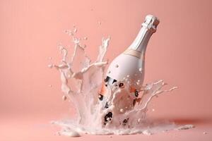 AI generated unopened bottle of champagne with splashes on pink background, neural network generated photorealistic image photo