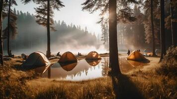 AI generated flooded touristic tent camp in autumnal morning forest, neural network generated picture photo