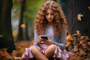 AI Generated curly blonde caucasian girl sitting on the ground in fallen autumn maple leaves looking in a cellphone, neural network generated image photo