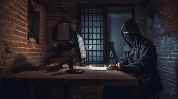 AI generated mysterious ninja working with computer in a basement, neural network generated art photo