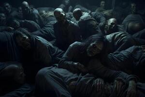 AI Generated group of zombies sleeping on the floor one over another, neural network generated photorealistic image photo