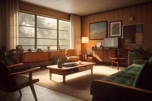 AI generated photorealistic mid century interior with sunlight from windows at summer day, neural network generated photorealistic image photo