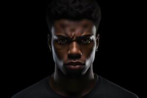 AI generated serious young adult African American man, head and shoulders portrait on black background. Neural network generated photorealistic image photo