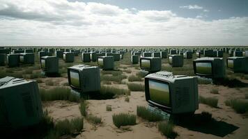 AI generated field covered with old analog tv sets at summer daylight, neural network generated art photo