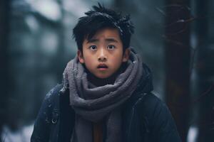 AI generated Asian boy lost in forest at winter evening, neural network generated photorealistic image photo