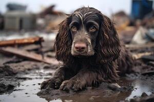 AI generated alone wet and dirty English Cocker Spaniel after disaster on the background of house rubble, neural network generated image photo