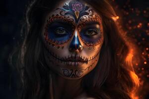 AI generated cinematic photorealistic portrait of gorgeous woman sugar skull at day of the dead, neural network generated image photo