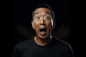 AI generated Surprised Asian man on black background. Neural network generated photorealistic image. photo