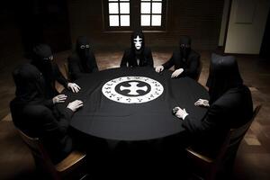 AI generated Secret society at a round table sitting in long black robes with hoods and masks, neural network generated image photo