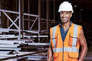 AI generated smiling mixed race male worker with hard hat standing in a warehouse, neural network generated image photo