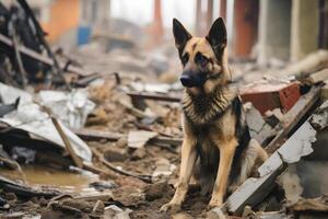 AI generated alone wet and dirty German Shepherd Dog after disaster on the background of house rubble, neural network generated image photo