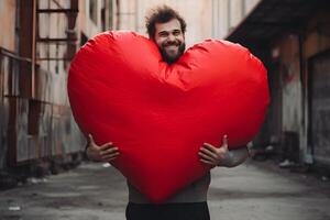 AI generated man holding big red heart outdoors, neural network generated photorealistic image photo