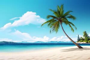 AI generated tropical beach view at sunny day with white sand, turquoise water and palm tree, neural network generated image photo