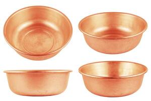 set of different views of used bare copper made empty basin isolated on white background photo