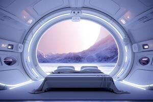 AI generated futuristic white moon base bedroom interior, neural network generated image photo