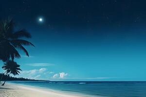 ai generado tropical playa ver con blanco arena, turquesa agua y palma árbol a lleno Luna noche con estrellas, neural red generado fotorrealista imagen foto