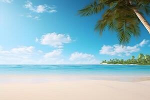 AI generated tropical beach view at sunny day with white sand, turquoise water and palm tree, neural network generated image photo