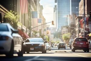 AI generated American downtown street view at sunny summer day, neural network generated image photo