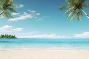 AI generated tropical beach view at sunny day with white sand, turquoise water and palm tree, neural network generated image photo