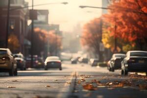 AI generated American downtown street view at autumn morning , neural network generated image photo