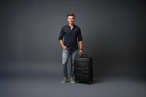 AI generated young adult Caucasian male with suitcase on dark grey background, neural network generated photorealistic image photo