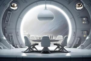 AI generated futuristic white moon base dining room interior, neural network generated image photo