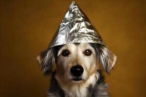 AI generated suspicious dog wearing foil hat on brown background, neural network generated photorealistic image photo
