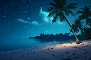 AI generated tropical beach view with white sand, turquoise water and palm tree at night, neural network generated photorealistic image photo