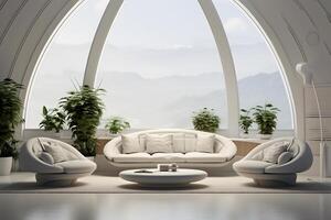 AI generated futuristic white moon base living room interior, neural network generated image photo