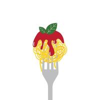 Spaghetti pasta on a fork. Pasta with meatball. vector