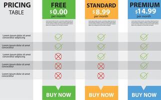 Pricing table design for business. Price plan web hosting or service. Table chart comparison of tariff. vector