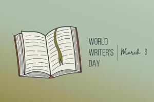 World Writer's Day. Open book with printed text. Literature concept. Retro style holiday banner. Doodle vector illustration.