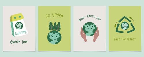 Happy Earth day. Concept of caring for nature and environmental protection. Save the Earth, globe, forest, calendar, recycle. Eco friendly cards design. Flat style vector illustration for web, banner.