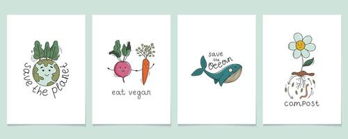 Set of prints of environmental problems, save the Planet, save the Ocean, eat veggie, compost. Go green. Concept of sustainable lifestyle. Doodle style vector illustrations.