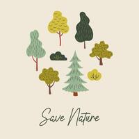 salvar naturaleza. linda composición con verde arboles póster modelo. mano dibujado vector ilustración para póster, folleto, tarjeta, bandera. ambiental conservación tema.