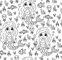 Seamless pattern with mermaid in doodle style vector