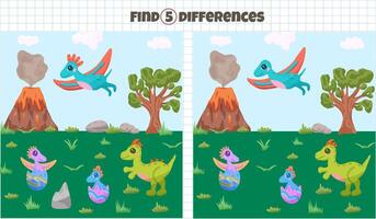 Game find 5 difference with dinosaurs vector