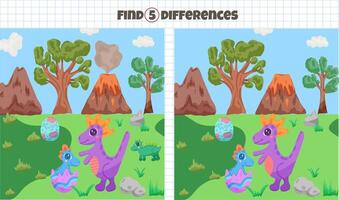 Find 5 difference game with dinosaurs vector