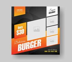 Burger social media square size banner design for your fast food restaurant menu business promotion, delicious burger food menu post layout design with gradient shapes. vector