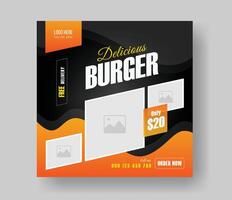 Burger social media square size banner design for your fast food restaurant menu business promotion, delicious burger food menu post layout design with gradient shapes. vector