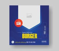 Burger social media square size banner design for your fast food restaurant menu business promotion, delicious burger food menu post layout design with gradient shapes. vector