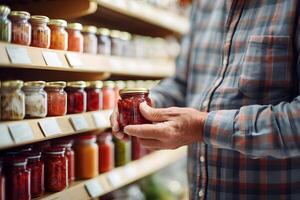 AI generated senior Caucasian man hands holding a product in a grocery store. Neural network generated photorealistic image photo