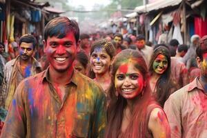 ai generado sonriente gente, de colores contento caras con vibrante colores durante el celebracion de el holi festival en India. neural red generado imagen foto