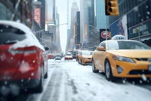 AI generated American downtown street view at snowy winter day, neural network generated image photo