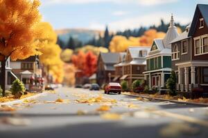 AI generated toy American town street view at sunny autumn morning , neural network generated image photo