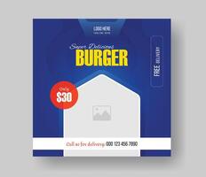 Burger social media square size banner design for your fast food restaurant menu business promotion, delicious burger food menu post layout design with gradient shapes. vector