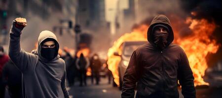 AI generated street riot in city with protestors and burning cars, neural network generated photorealistic image photo