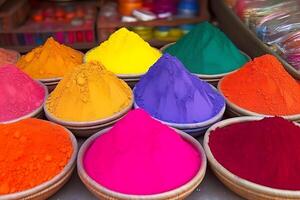 AI generated Colorful powder for sale in shop during Holi color festival, neural network generated photorealistic image photo