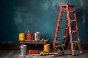 AI generated Repair indoors, cans of paint, a roller on the background of a stepladder, neural network generated photorealistic image photo